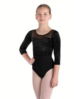 Børn Dansebutikken Bloch halvlang ærmet dragt i sort med mesh og velour
