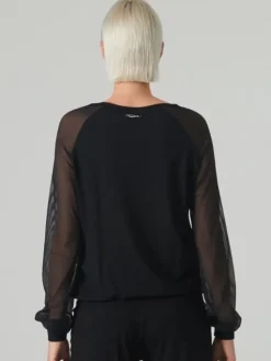 Dame Dansebutikken Sort danse bluse med lange chiffon ærmer