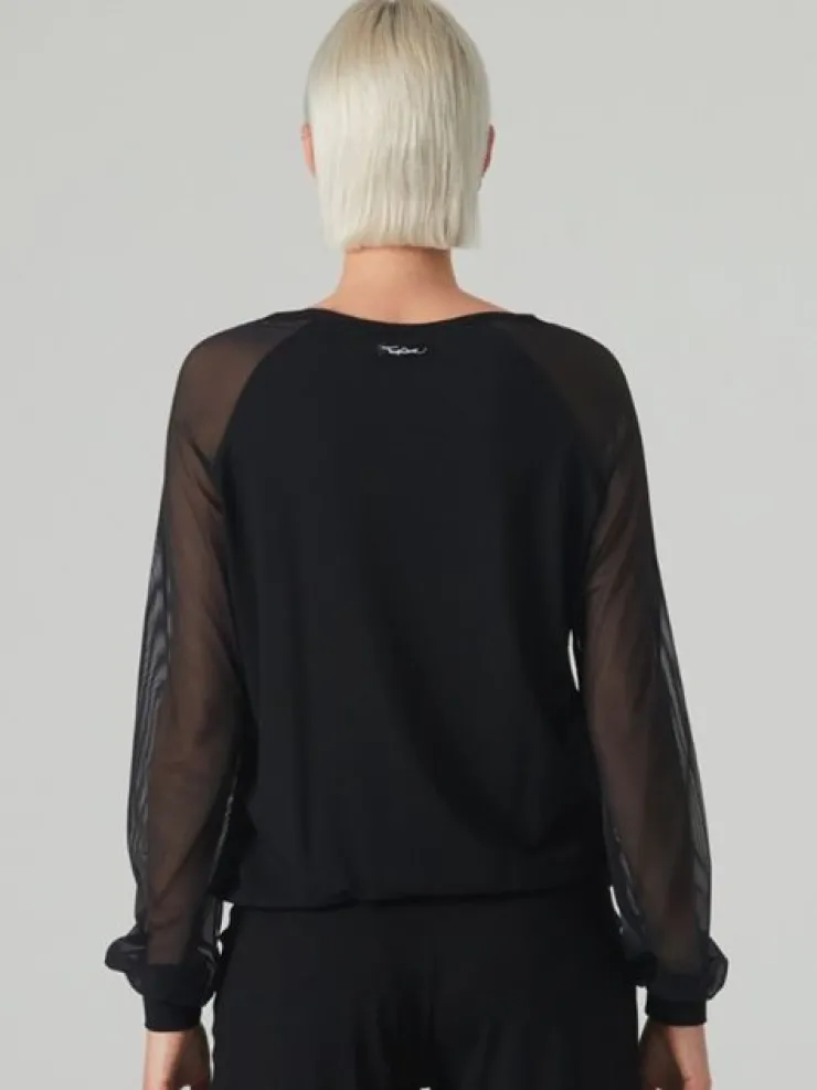 Dame Dansebutikken Sort danse bluse med lange chiffon ærmer