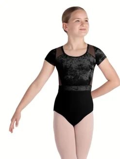 Børn Dansebutikken Sort dragt med velour, mesh og flot ryg fra Bloch